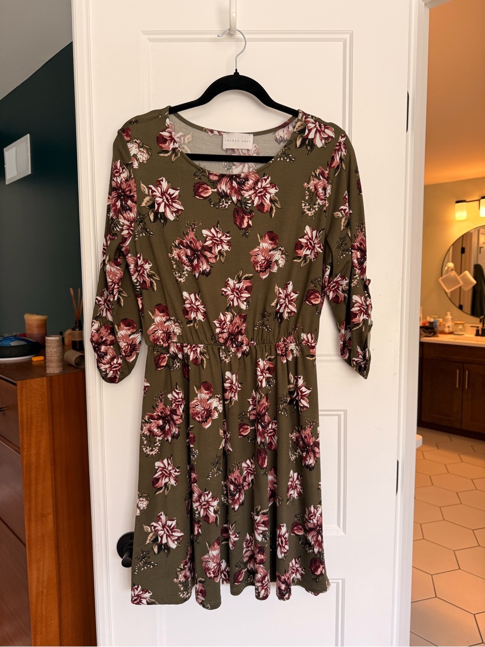 French Grey Olive Green Floral Long Sleeve Fit & Flare Dress